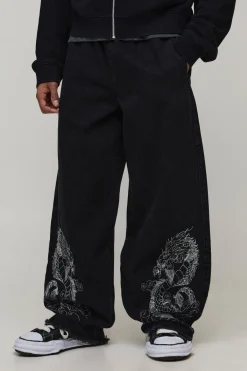 boohooMAN Jean Coupe Super Ample Avec Taille Élastiquée Broderie Dragon<Homme Jeans Grande Taille|Denim