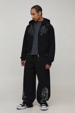 boohooMAN Jean Coupe Super Ample Avec Taille Élastiquée Broderie Dragon<Homme Jeans Grande Taille|Denim