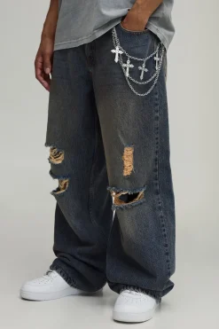 boohooMAN Jean Coupe Super Baggy Délavage Teinté Détail Chaîne Genoux Déchirés<Homme Denim|Denim