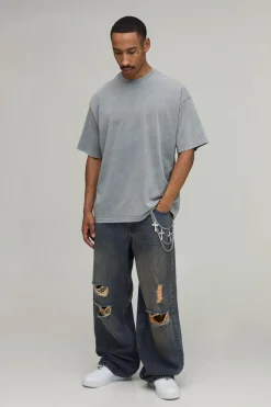 boohooMAN Jean Coupe Super Baggy Délavage Teinté Détail Chaîne Genoux Déchirés<Homme Denim|Denim