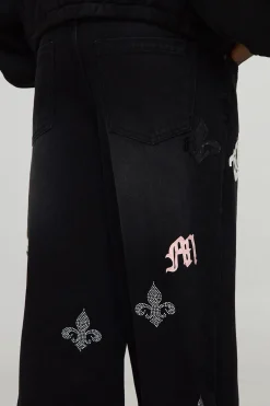 boohooMAN Jean Cross Baggy Fit à appliques strass en synthétique<Homme Denim|Denim