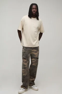 Jean Déchiré Décontracté Camouflage Orné De Strass