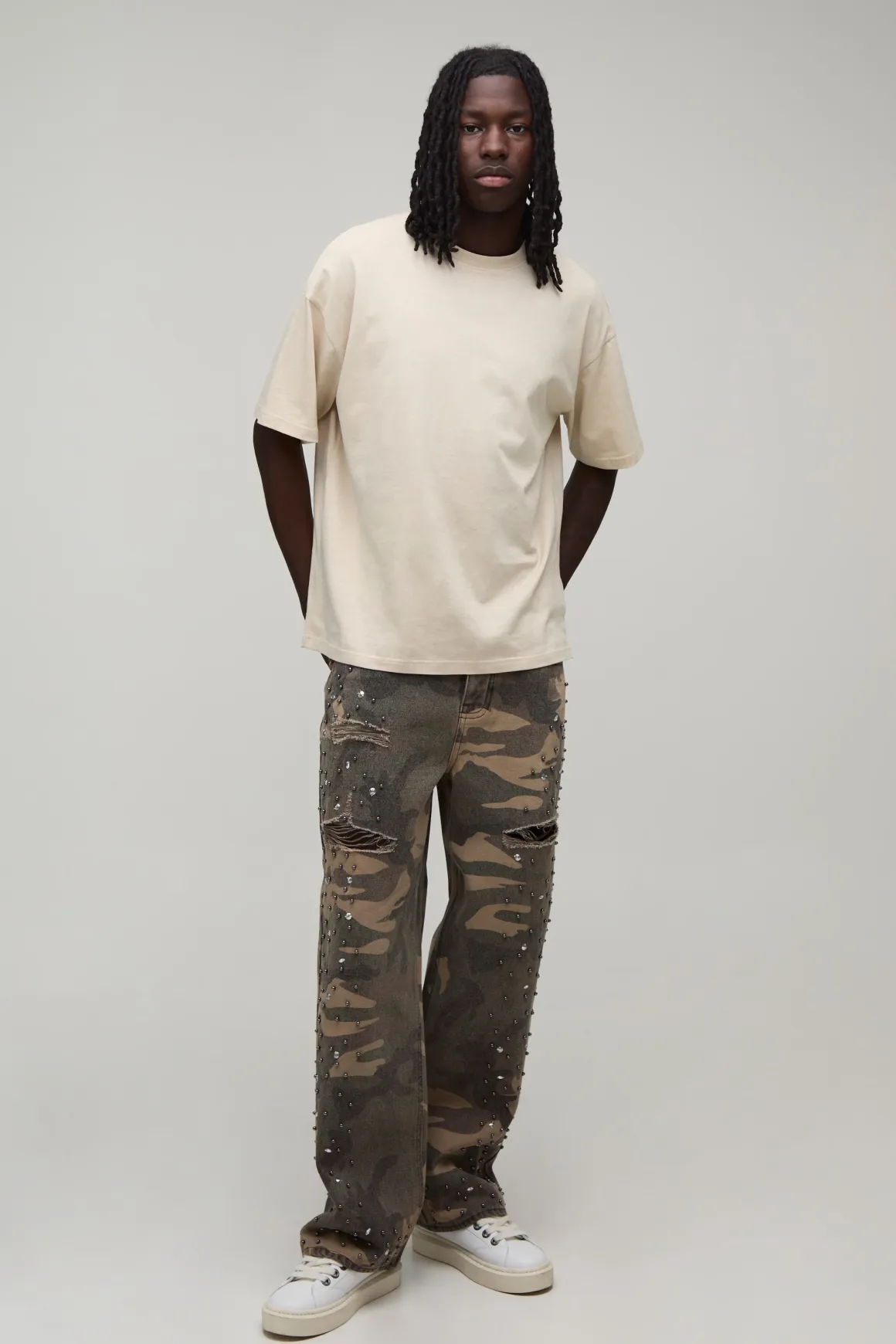 Jean Déchiré Décontracté Camouflage Orné De Strass