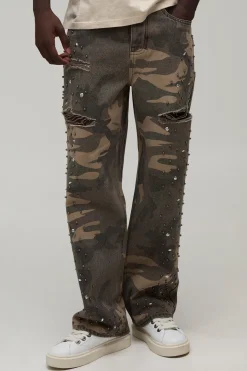Jean Déchiré Décontracté Camouflage Orné De Strass
