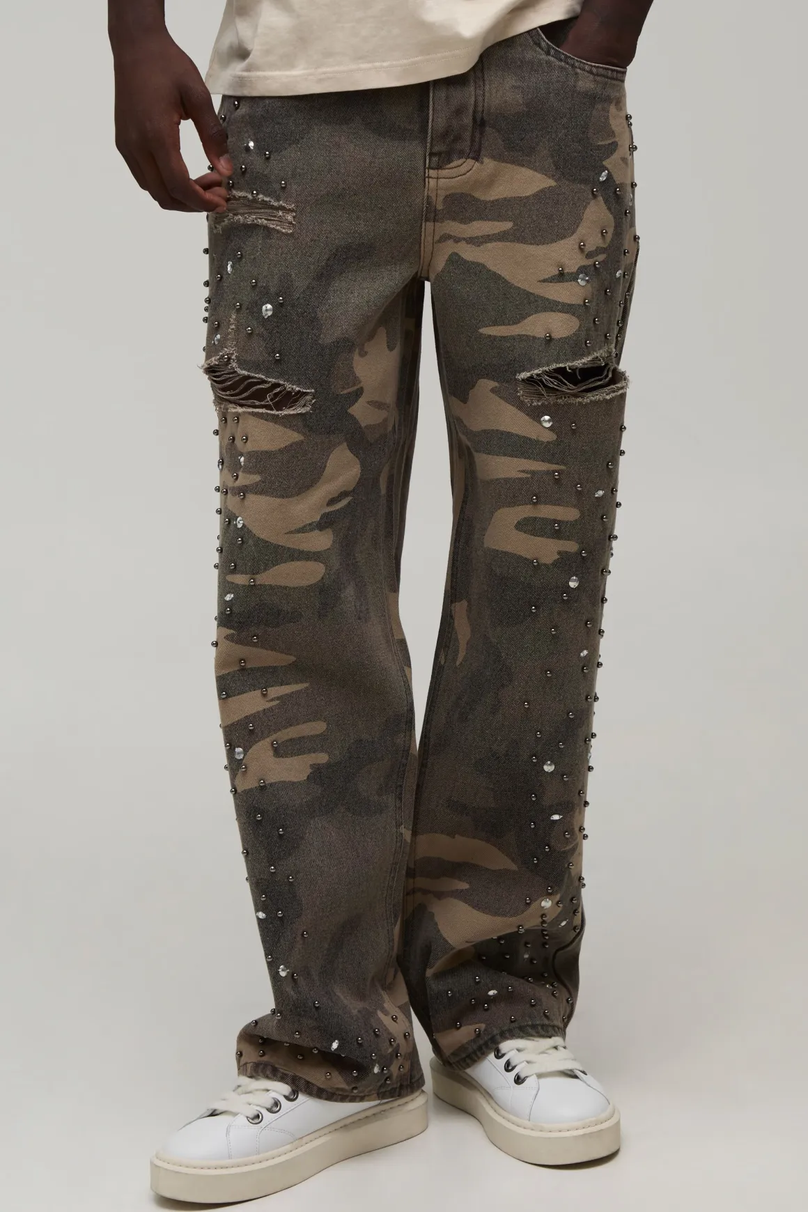 Jean Déchiré Décontracté Camouflage Orné De Strass