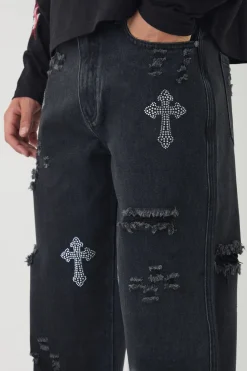 Jean décontracté à strass en forme de croix, déchiré et délavé