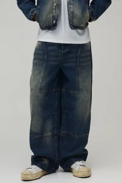 Jean Denim Baggy Rigide À Panneaux Délavés À L'eau De Javel