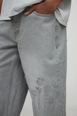 boohooMAN Jean denim à broderie florale décontractée<Homme Jeans Grande Taille|Denim