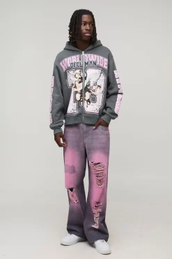 Jean Denim Large Teinté avec Déchirures et Réparations