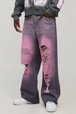 Jean Denim Large Teinté avec Déchirures et Réparations