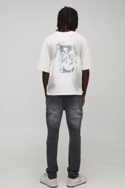 Jean denim slim évasé orné de strass clairs