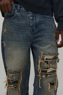 Jean Délavé Camouflage Effet Déchiré Et Rapiécé Coupe Ample