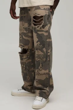 Jean Délavé Coupe Ample Imprimé Camouflage Avec Croix Gothique