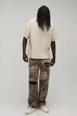 Jean Délavé Coupe Ample Imprimé Camouflage Avec Croix Gothique