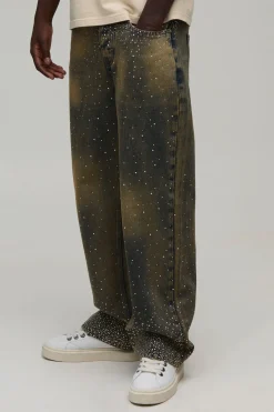Jean Délavé Coupe Ample À Strass Groupés