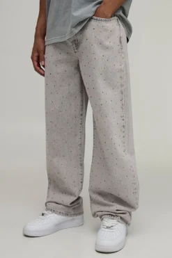 boohooMAN Jean Délavé Ice À Strass Intégraux Coupe Décontractée<Homme Denim|Denim