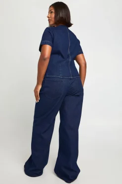 Jean Droit Grande Taille en Denim à Coutures Contrastées