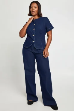 Jean Droit Grande Taille en Denim à Coutures Contrastées