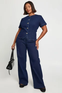 Jean Droit Grande Taille en Denim à Coutures Contrastées