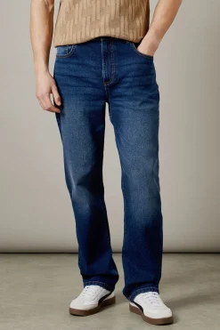 Jean Droit Stretch Coupe Droite Délavage Foncé
