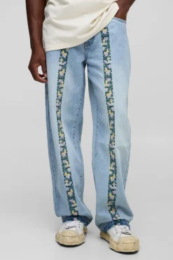 boohooMAN Jean en denim décontracté à broderie florale avec ourlet tombé<Homme Denim|Denim