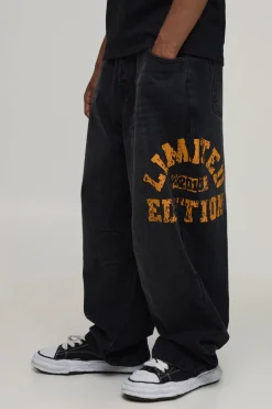 boohooMAN Jean En Denim Imprimé Varsity Coupe Ballon Rigide<Homme Jeans Grande Taille|Denim