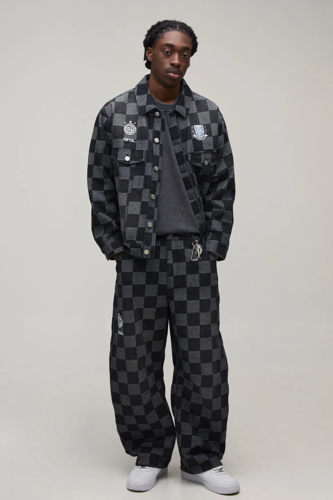 Jean en Denim Jacquard à Damier Coupe Barrel