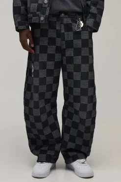 Jean en Denim Jacquard à Damier Coupe Barrel