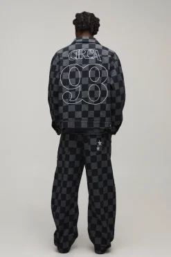 Jean en Denim Jacquard à Damier Coupe Barrel