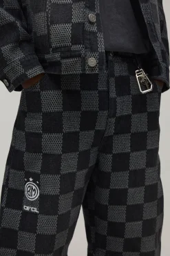 Jean en Denim Jacquard à Damier Coupe Barrel