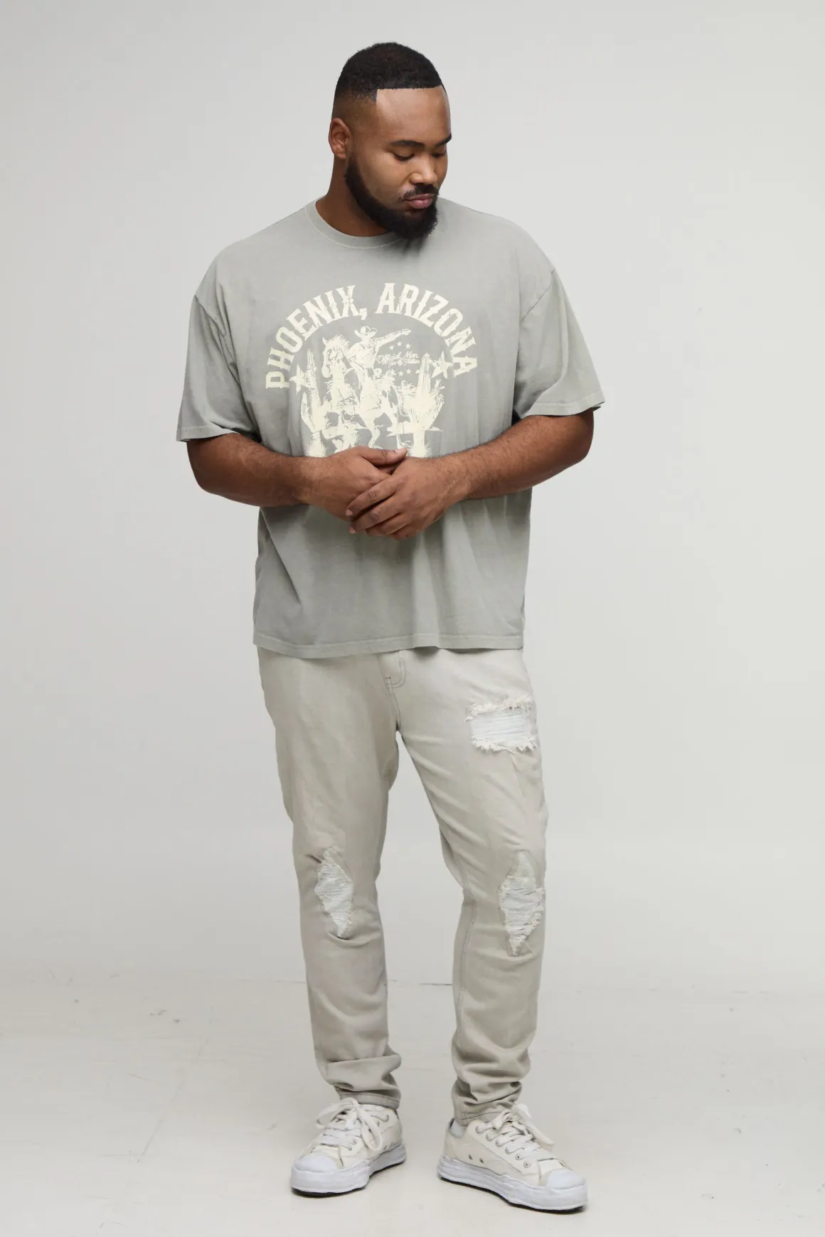 Jean en Denim Plus Coupe Skinny avec Déchirures & Réparations Brodées