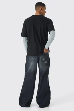 boohooMAN Jean extra baggy satiné à écusson étoile<Homme Denim|Denim