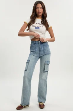 Jean flare cargo taille mi-haute