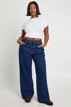 Jean Grande Taille à Dos Élastiqué avec Cordon de Serrage et Jambe Droite