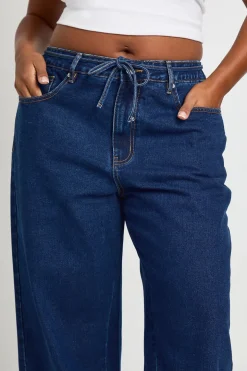 Jean Grande Taille à Dos Élastiqué avec Cordon de Serrage et Jambe Droite