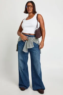 Jean Grande Taille Jambe Large avec Ceinture Nouée et Insert Nervuré