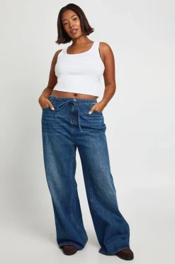 Jean Grande Taille Jambe Large avec Ceinture Nouée et Insert Nervuré