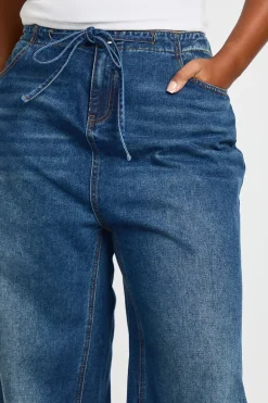 Jean Grande Taille Jambe Large avec Ceinture Nouée et Insert Nervuré