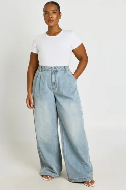 Jean Grande Taille Jambe Large Avec Détail De Plis Et Poches Arrière