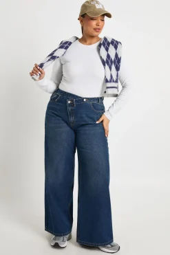 boohoo Jean Grande Taille Taille Haute à Ceinture Croisée et Jambes Larges<Femme Denim|Jeans