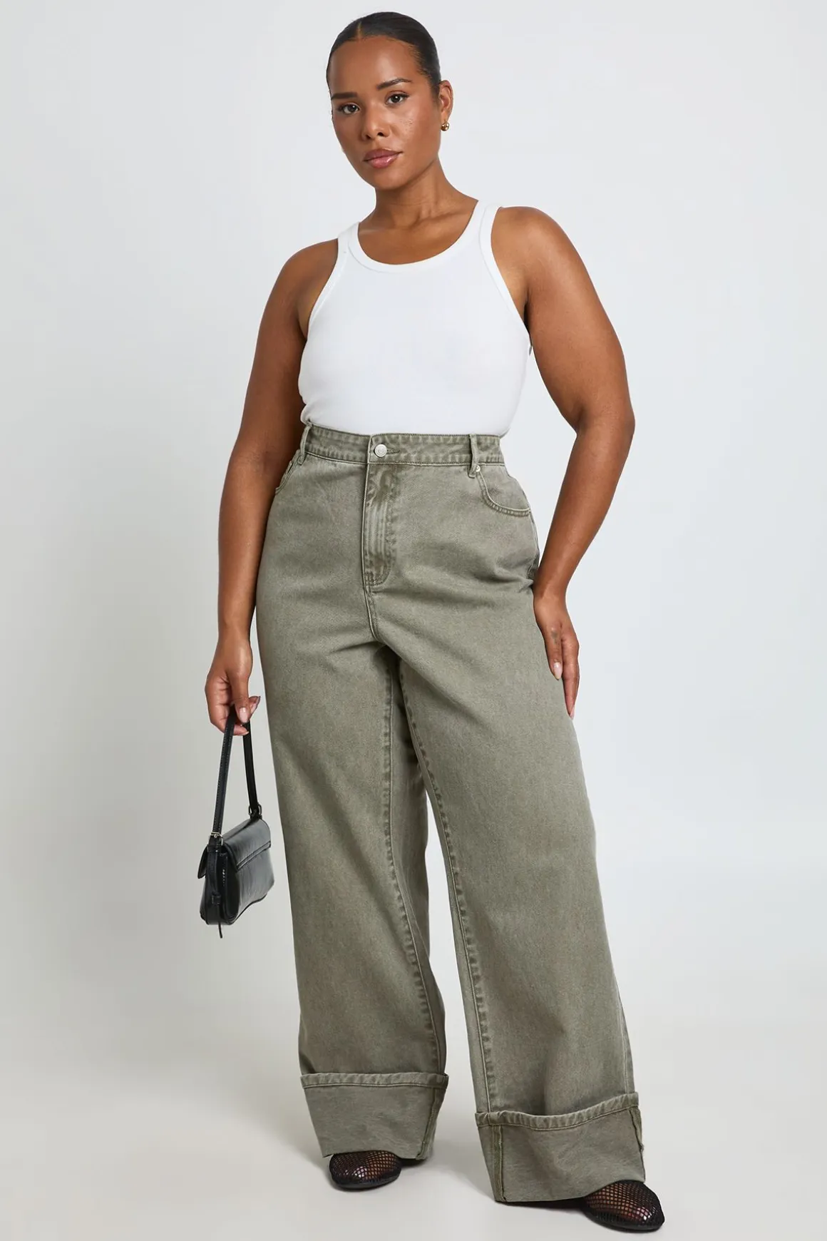Jean Grande Taille Taille Haute Jambe Droite Avec Revers