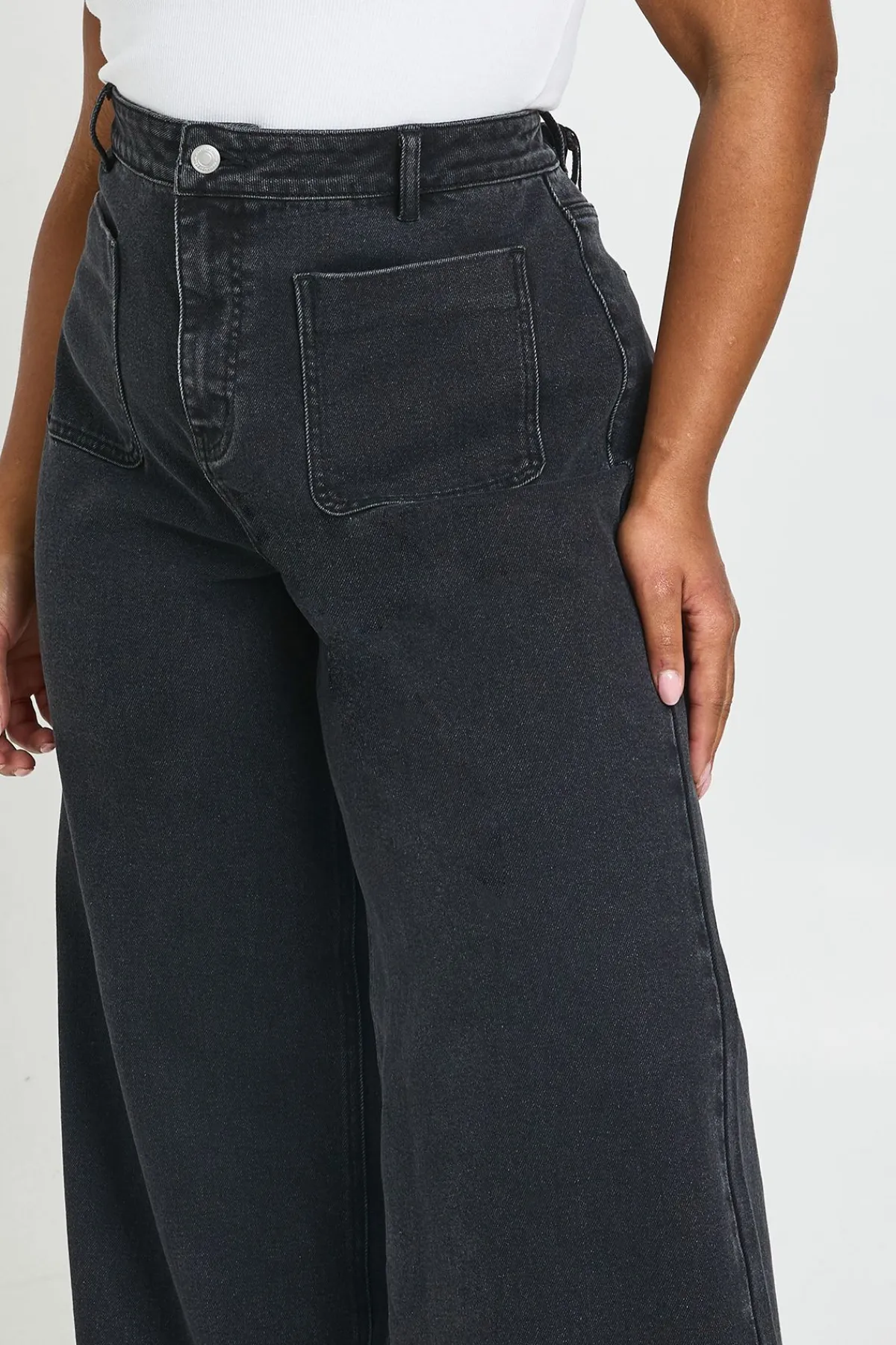 boohoo Jean Grande Taille Taille Haute À Jambes Larges Avec Poches Avant<Femme Denim|Jeans