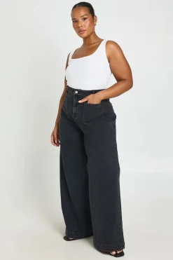 boohoo Jean Grande Taille Taille Haute À Jambes Larges Avec Poches Avant<Femme Denim|Jeans