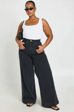 boohoo Jean Grande Taille Taille Haute À Jambes Larges Avec Poches Avant<Femme Denim|Jeans