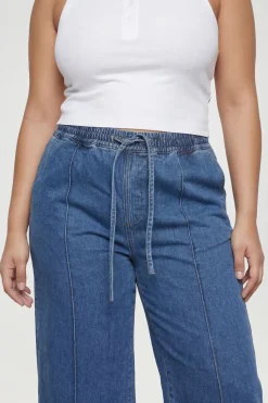 Jean Grande Taille Taille Élastiquée Détail Couture Jambe Large