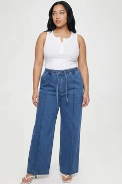 Jean Grande Taille Taille Élastiquée Détail Couture Jambe Large