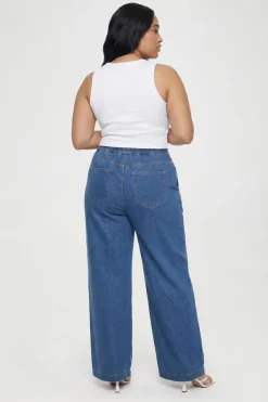 Jean Grande Taille Taille Élastiquée Détail Couture Jambe Large