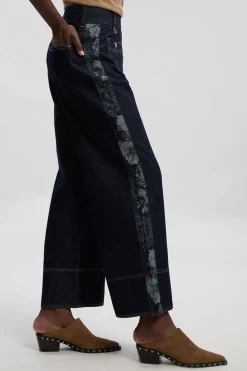 Jean Large À Contraste Denim Et Jacquard