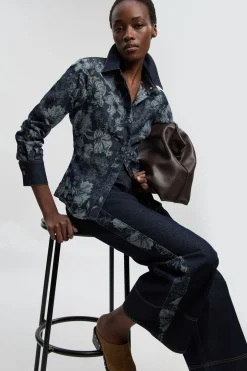 Jean Large À Contraste Denim Et Jacquard