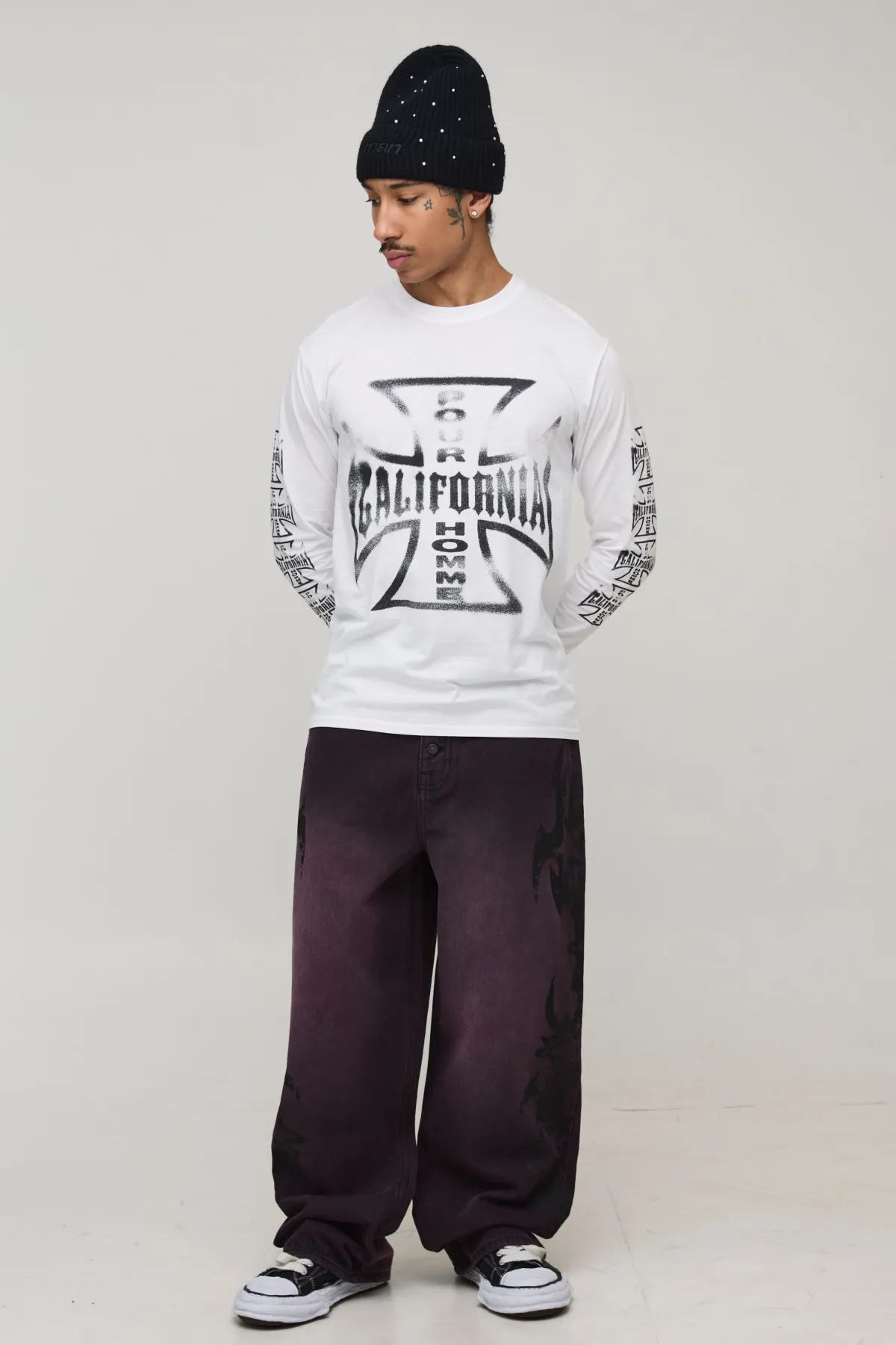 boohooMAN Jean Large À Jambes Évasées Imprimé Gothique Overdye<Homme Denim|Denim